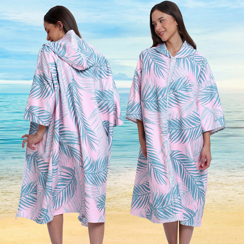 Unisex Hooded Towel Poncho Swim Parka for Adults - Pink Leaf