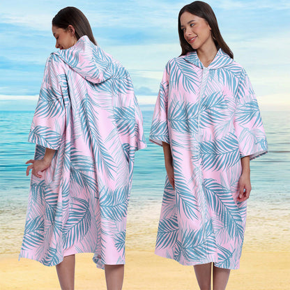 Unisex Hooded Towel Poncho Swim Parka for Adults - Pink Leaf