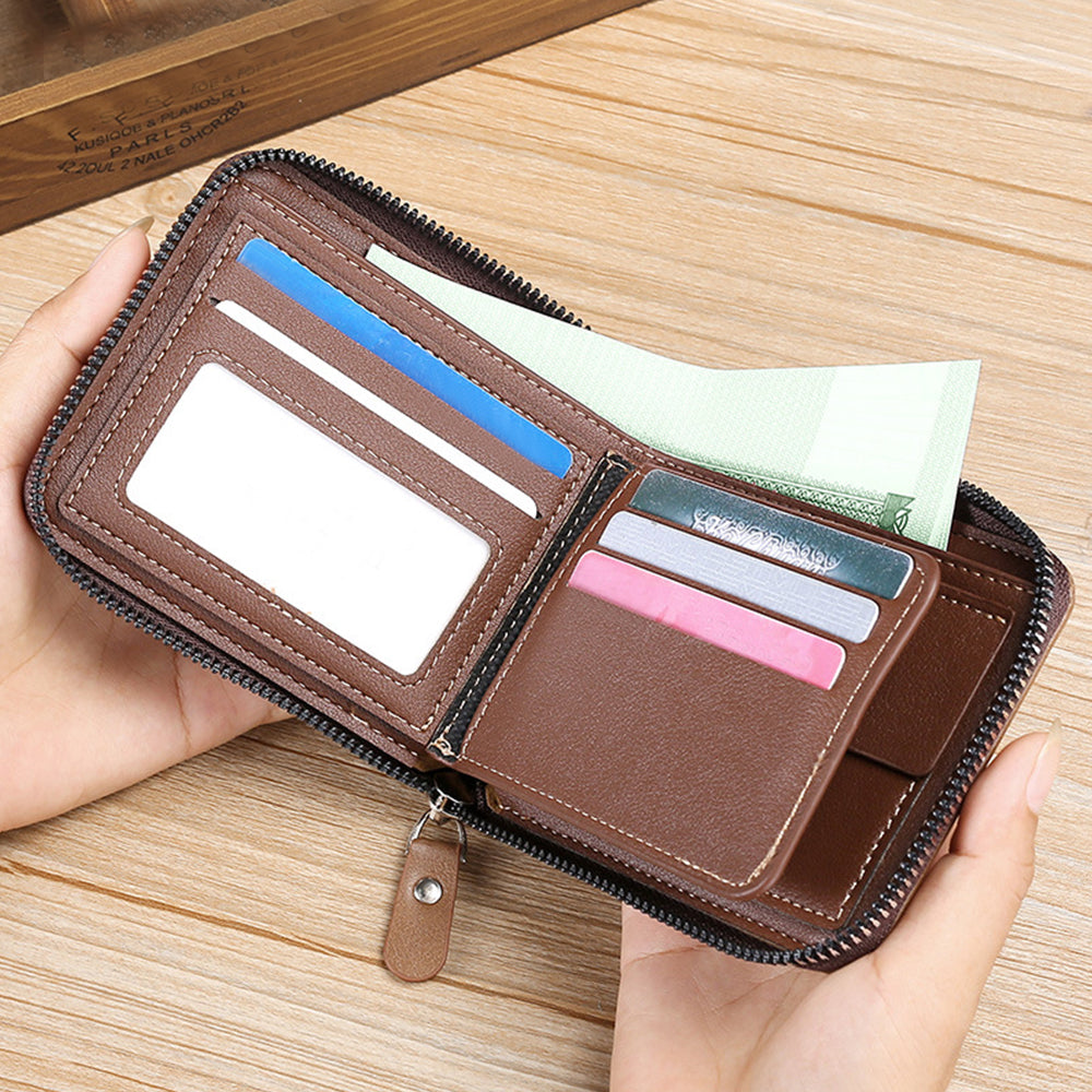RFID Blocking Wallet Men PU Bifold Credit Card ID Holder Zipper Purse Coffee