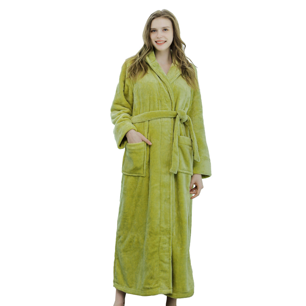 Unisex Winter Long Bathrobe Solid Warm Hooded Bath Robe for Lovers Green