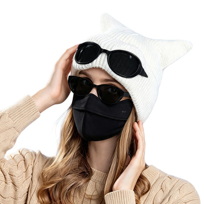 Double Layer Knit Winter Beanie with Goggles - White