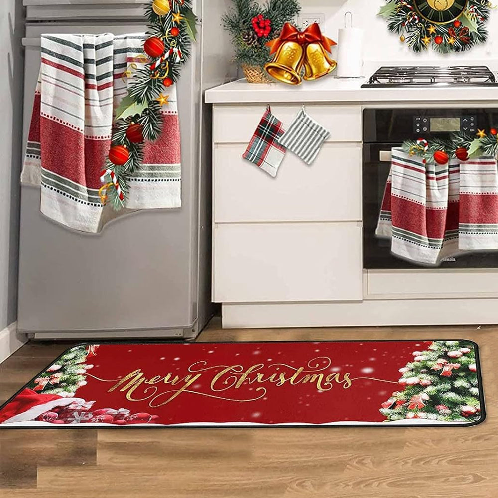 2Pcs Set Christmas Floor Mats Non-Slip Kitchen Mats Xmas Doormats Style 1
