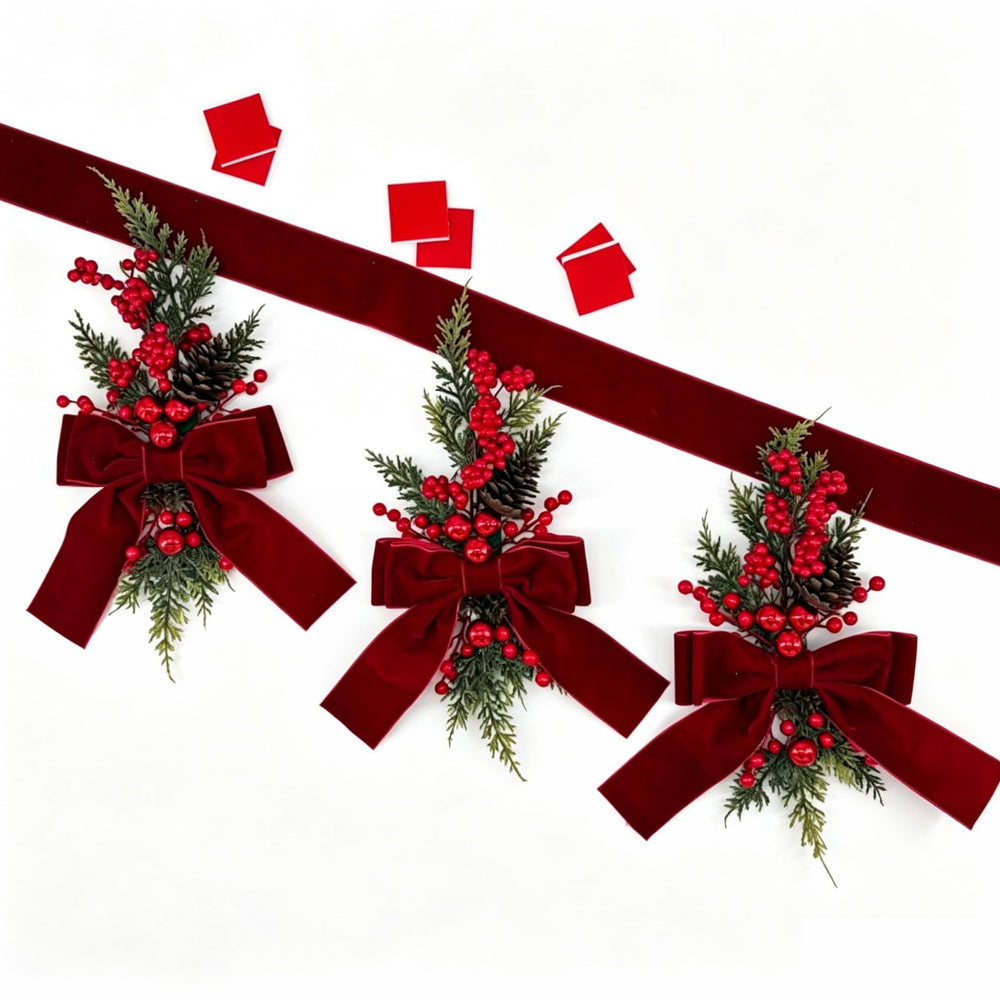 3 Piece Christmas Velvet Bow Ribbon Teardrop Swags for Door and Mantel - Wine Red