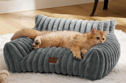 Cat Couch Bed Fluffy Pet Sofa with Removable Washable Cover Non-Slip Bottom -Dark Grey