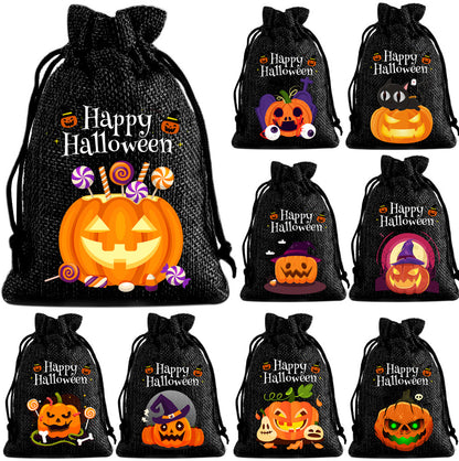 12 Pack Halloween Burlap Drawstring Gift Bags with Pumpkin Ghost Designs - Black