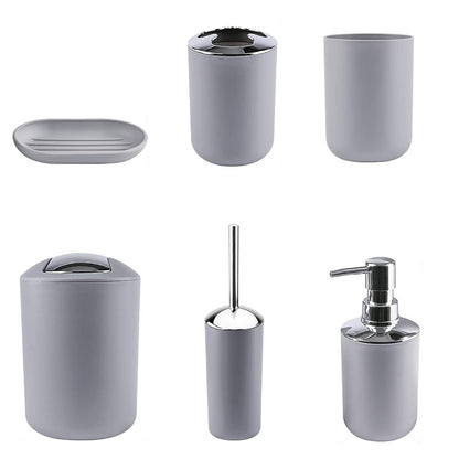 6 Piece Bathroom Accessories Set Soap Dish Soap Dispenser Toothbrush Holder Toilet Brush Trash Bin-Grey