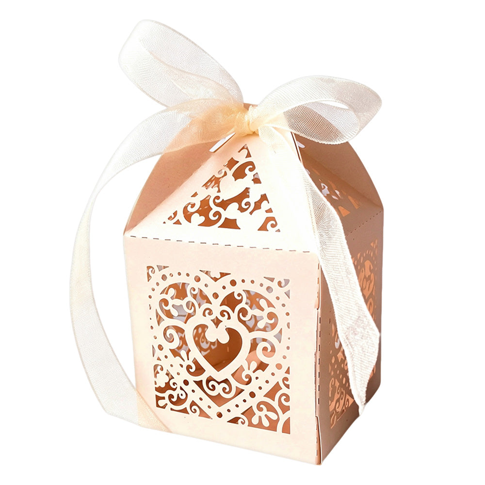 50 Pack Laser Cut Pearl Paper Candy Favor Boxes with Ribbons - Beige