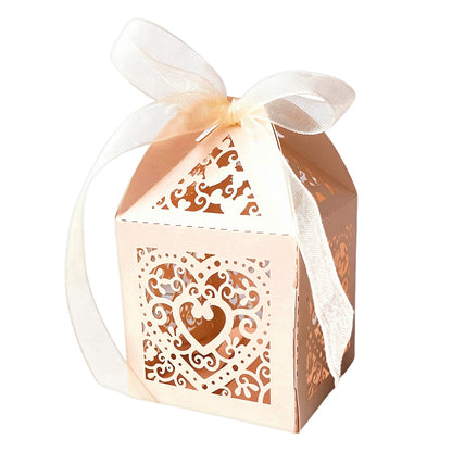 50 Pack Laser Cut Pearl Paper Candy Favor Boxes with Ribbons - Beige