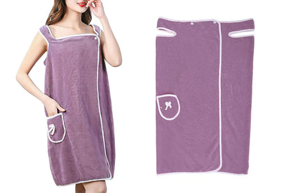 Coral Fleece Bath Towel Wearable Wrap Absorb Bathrobe With Pocket-Purple