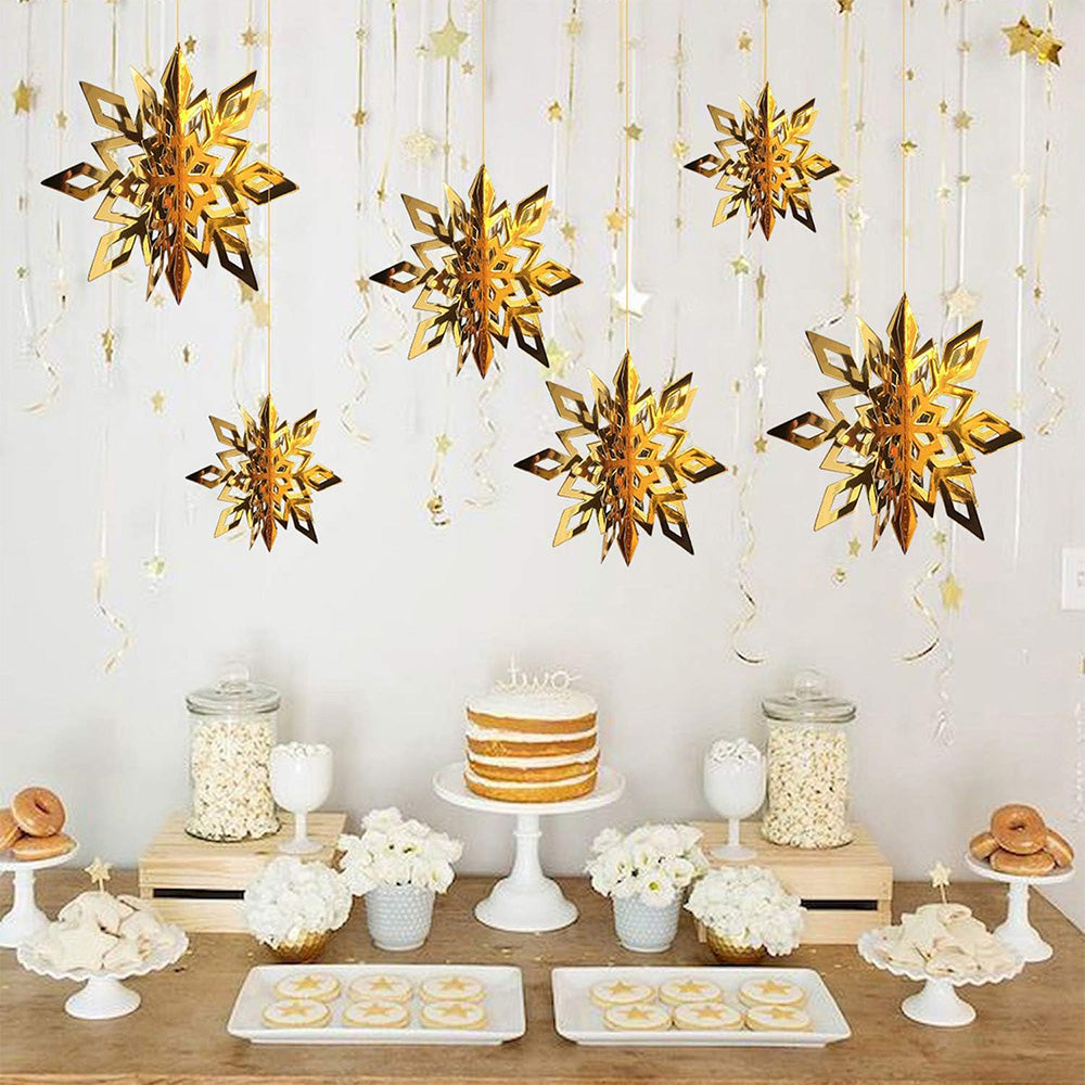3D Paper Snowflake Hanging Decor Christmas Tree & Party Ornaments Mirror Gold