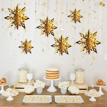 3D Paper Snowflake Hanging Decor Christmas Tree & Party Ornaments Mirror Gold