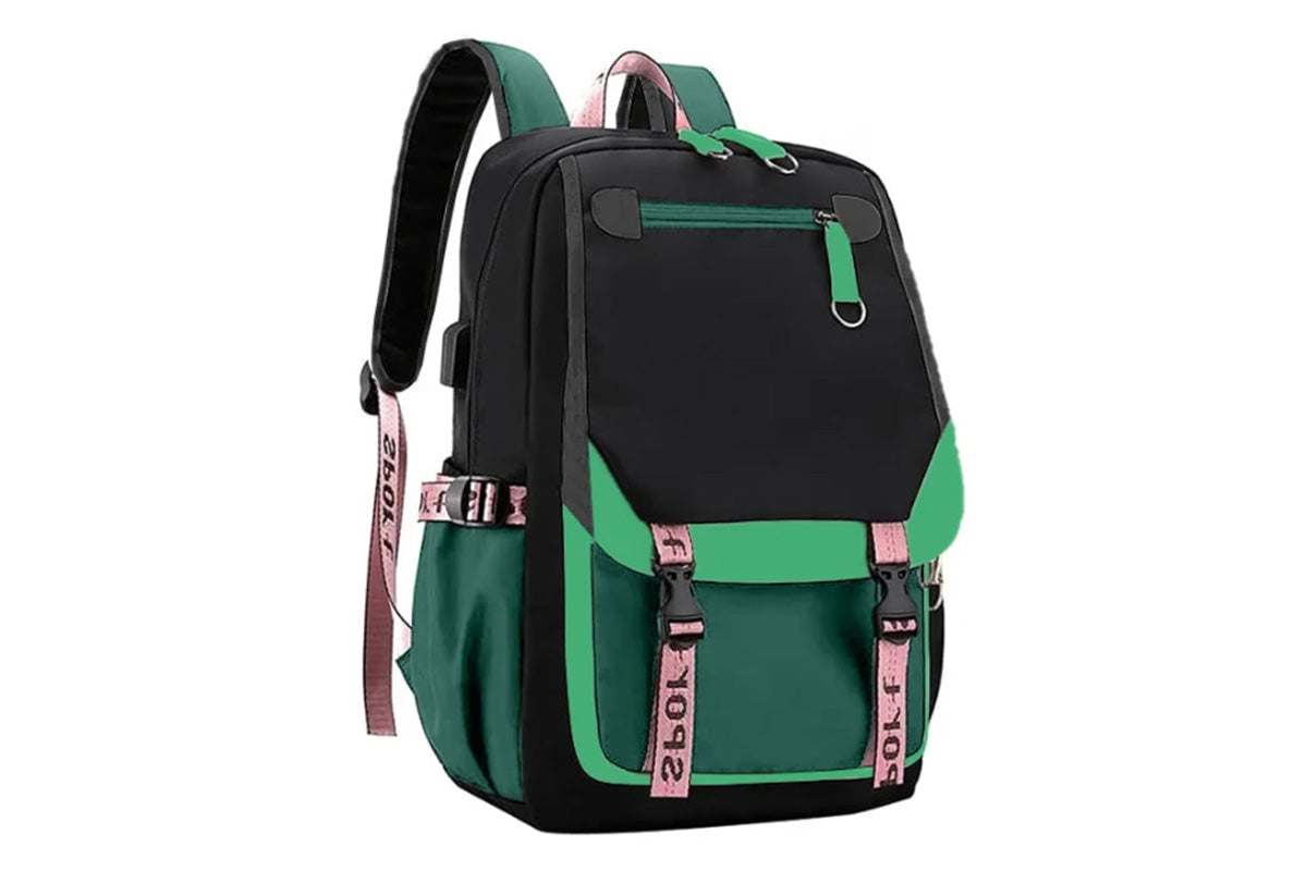 Girls Backpack Middle School Students Bookbag with USB Charge Port-Green