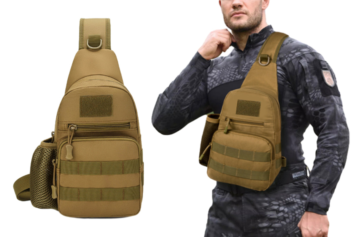 Tactical Sling Bag Pack With Water Bottle Holder Shoulder Messenger Bag-Brown