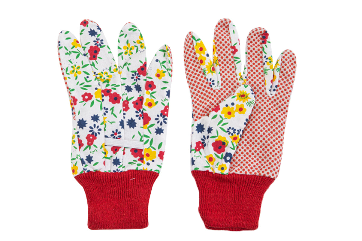 Polyester Floral Gardening Gloves Soft Breathable Yard Work Glove-Red