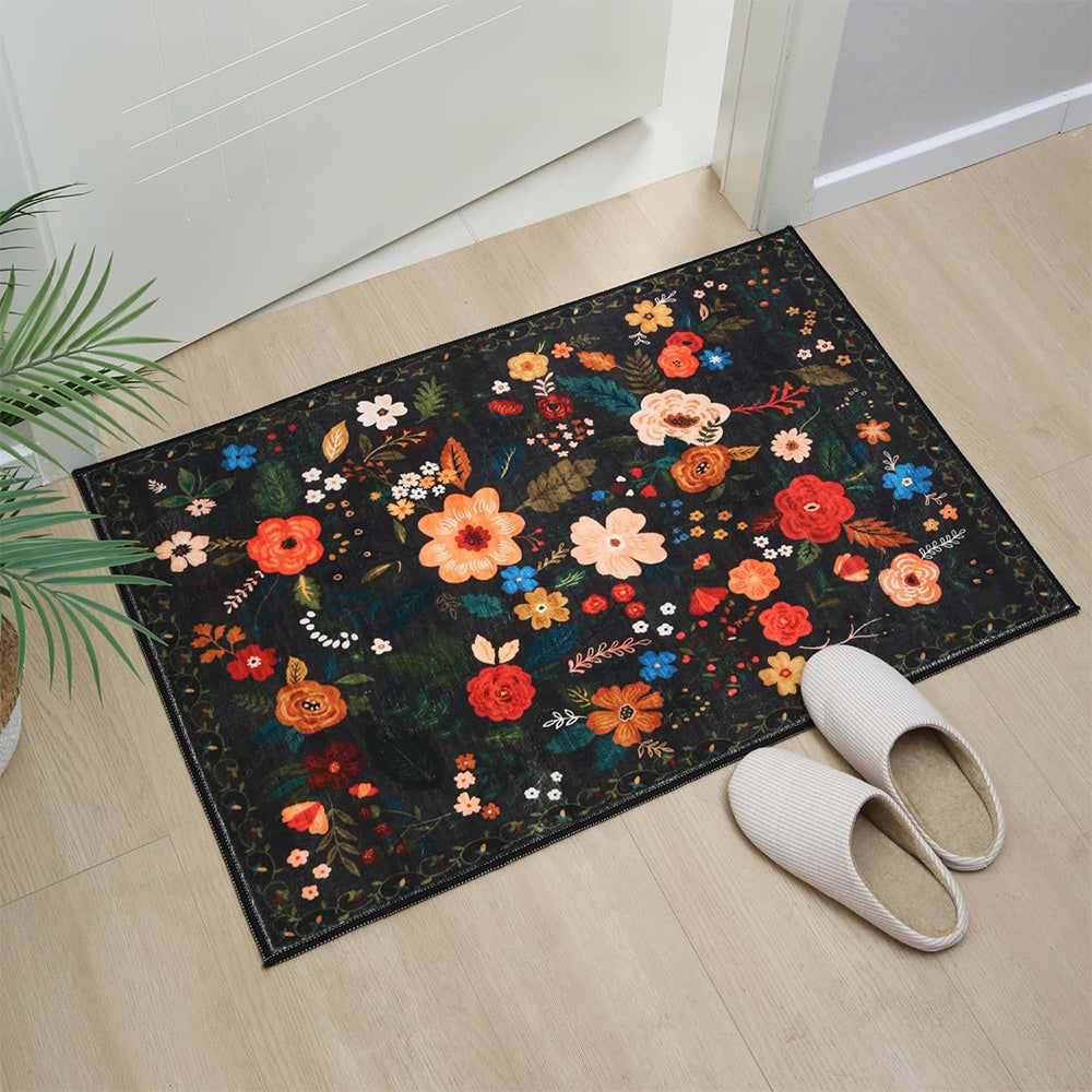 Floral Door Mat Non-slip Floor Mat for Entryway Kitchen Room Black