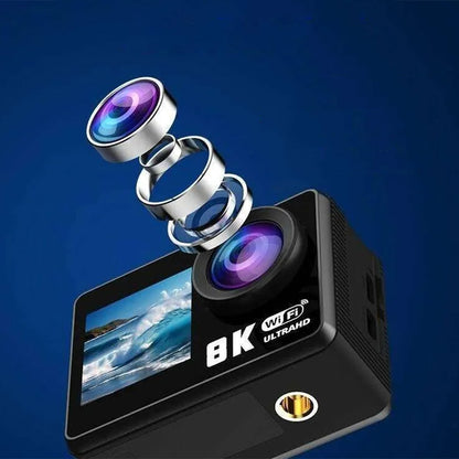 8K 30FPS Action Camera with Waterproof Case Dual Screens and EIS Stabilization