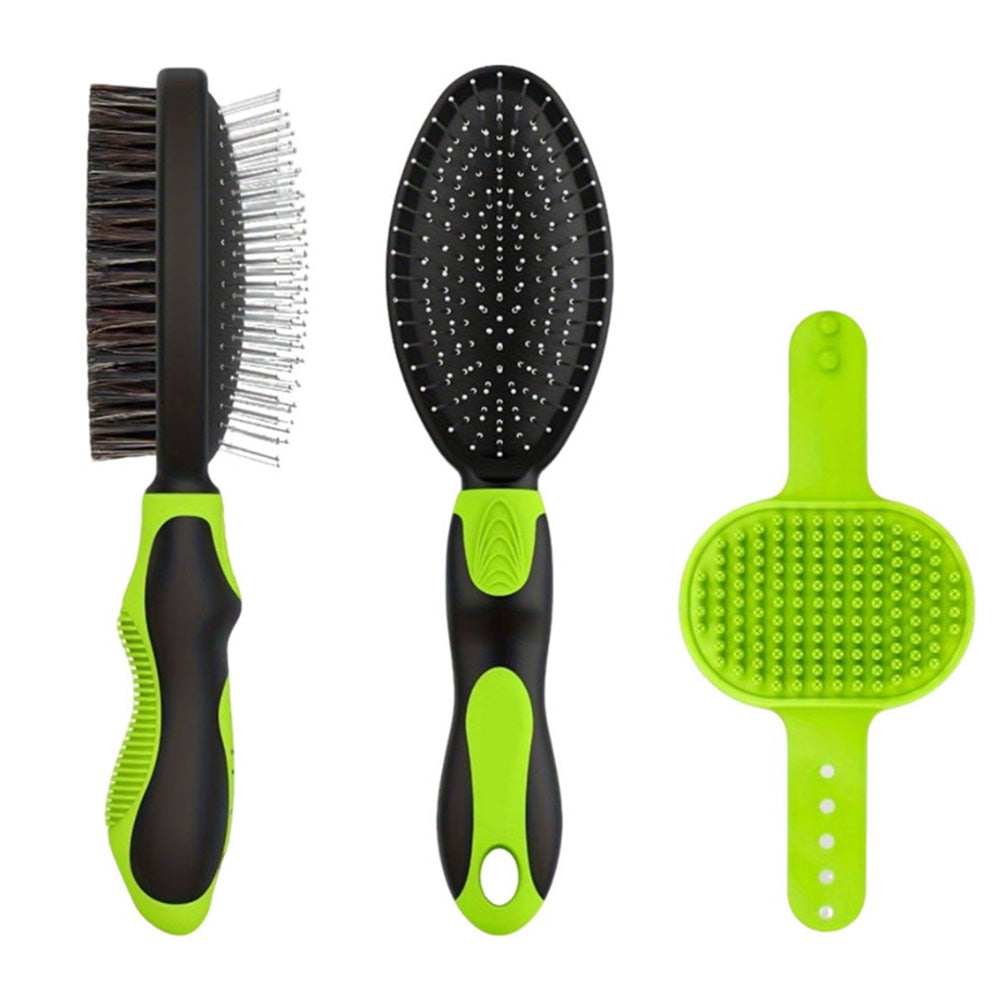 2 Pack Pet Grooming Brush Set Deshedding Double Sided Comb Massage Brush for Cats Dogs Horses-Green