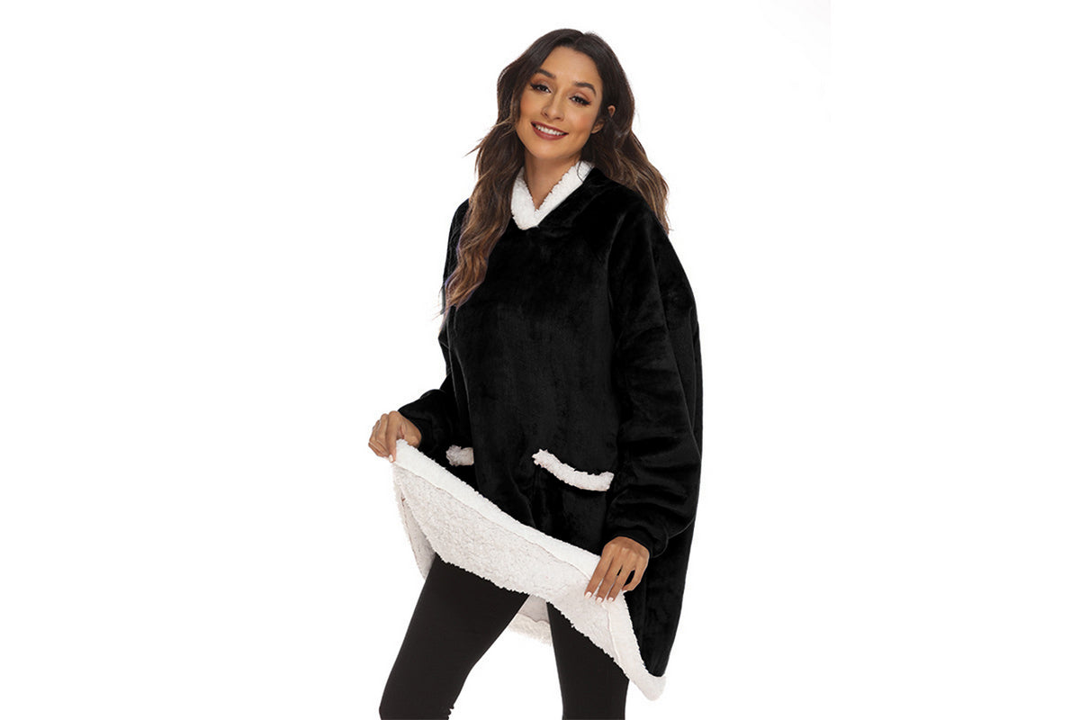 Multifunctional Wearable Blanket For Adult Sherpa Fleece Hooded Blanket Hoodie-Black