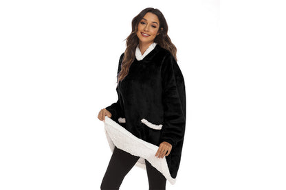 Multifunctional Wearable Blanket For Adult Sherpa Fleece Hooded Blanket Hoodie-Black