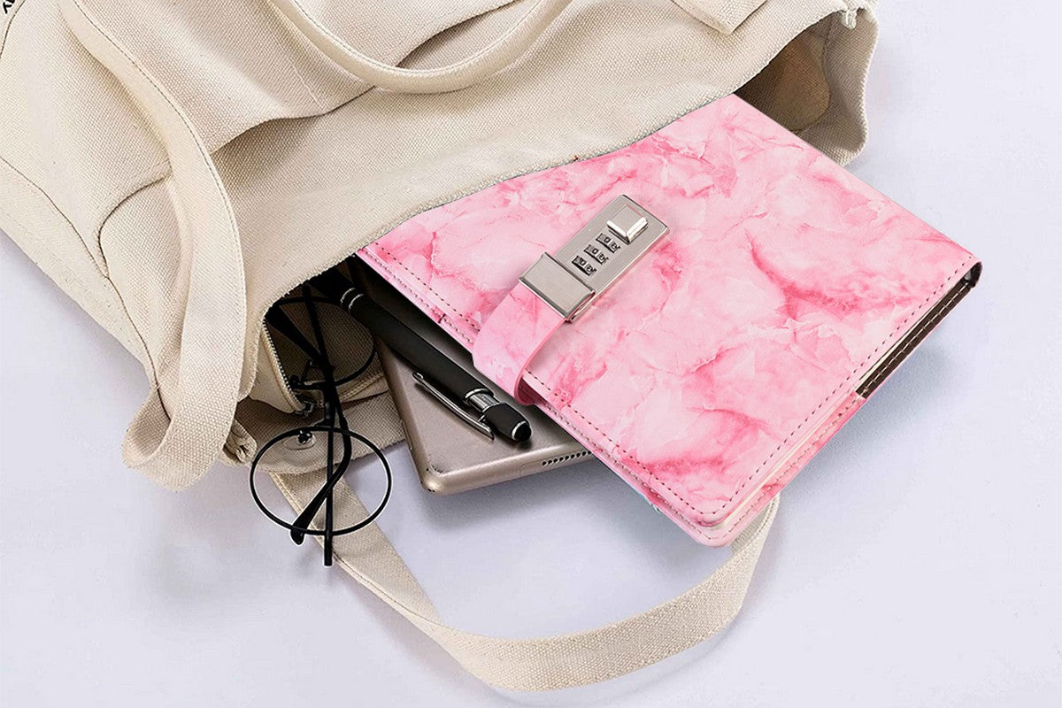 Diary with Lock Marble PU Leather for Girls Boys gift-Pink