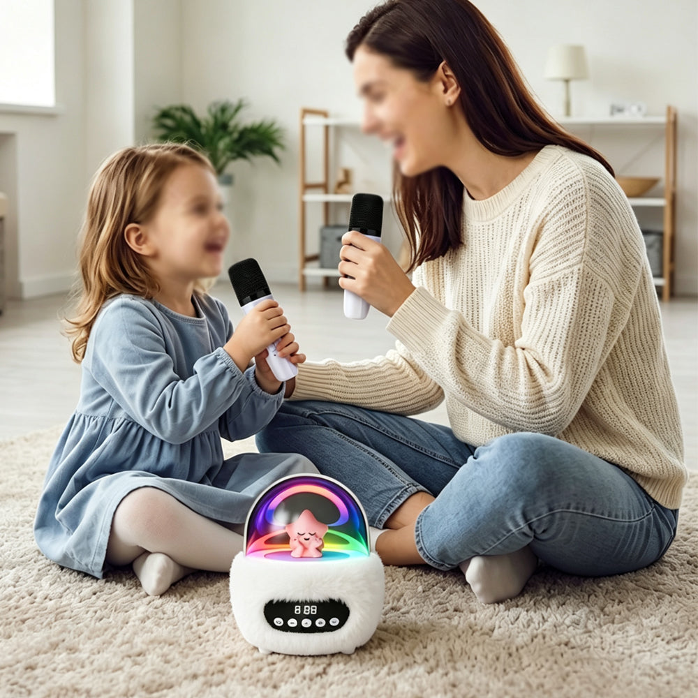2 in 1 Portable Plush Speaker and Alarm Clock with Dual Mics - White