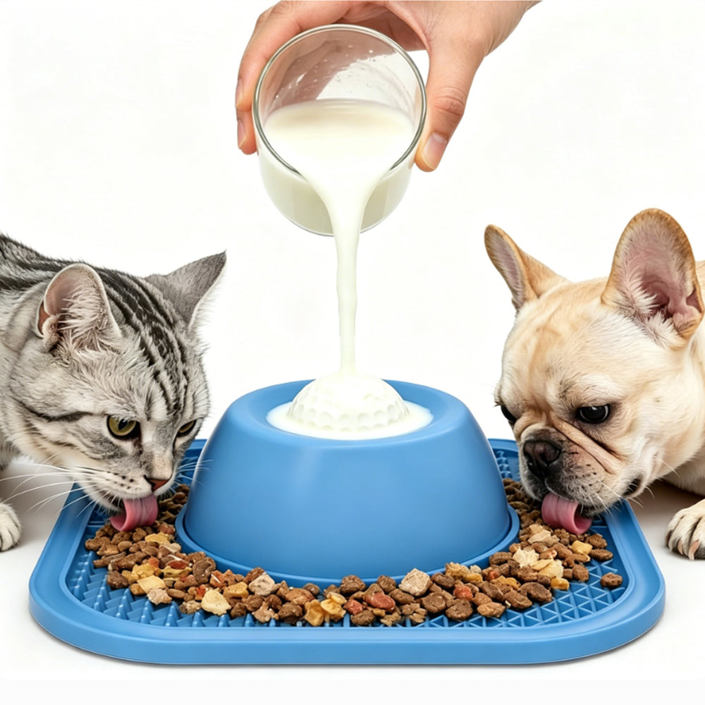 2 in 1 Dog Slow Feeder Bowl with Rolling Ball Lick Mat Non Slip Suction Cup-Blue