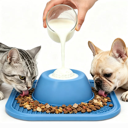2 in 1 Dog Slow Feeder Bowl with Rolling Ball Lick Mat Non Slip Suction Cup-Blue