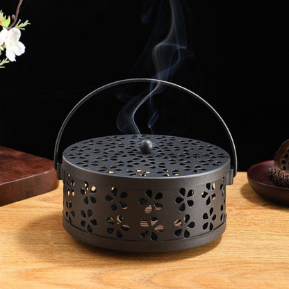 Metal Mosquito Coil Holder with Lid Portable Hanging Incense Burner Box Black