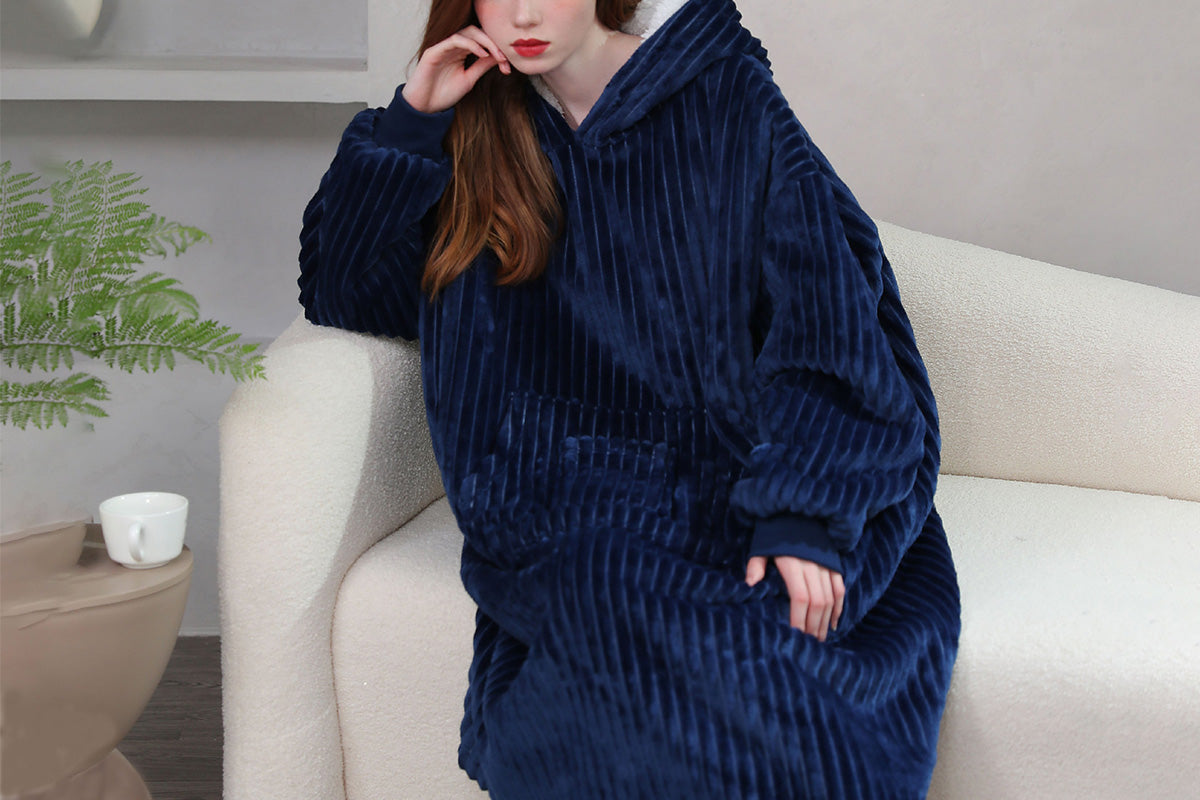 Wearable Blanket Sweatshirt for Women and Men Thick Flannel Hooded Sweatshirt Loungewear -Navy