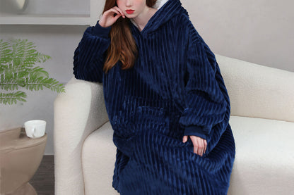 Wearable Blanket Sweatshirt for Women and Men Thick Flannel Hooded Sweatshirt Loungewear -Navy