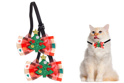 2Pcs Christmas Pet Bow Tie With Bell and Bow Dog Bow Tie Cat Kitten Plaid Collar-Style 1
