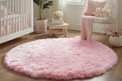 Fluffy Round Plush Area Rug Non Slip Carpet - Pink