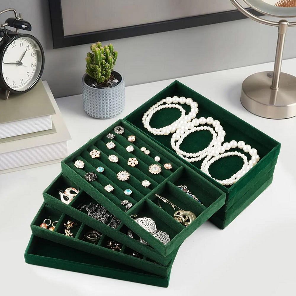 4pcs Stackable Jewelry Organizer Boxes Set for Earrings Rings Necklaces Bracelets-Green