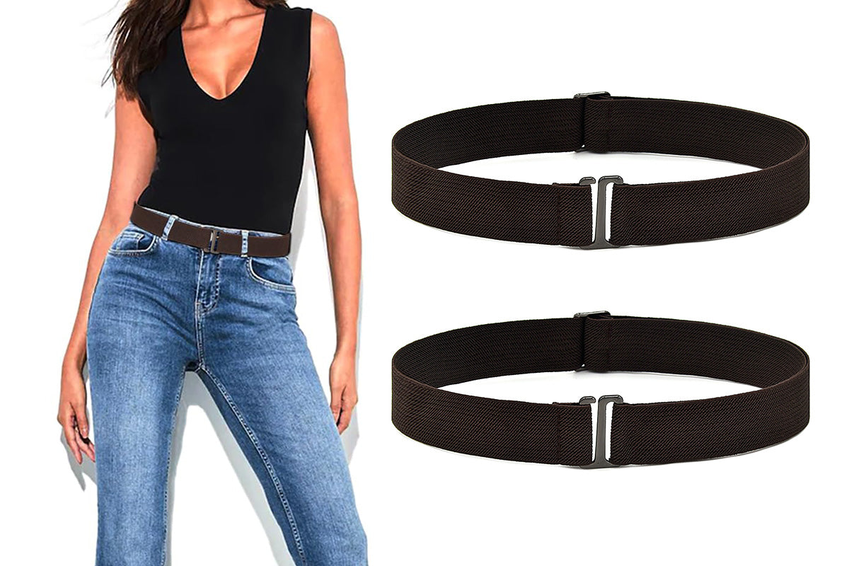 2Pcs Adjustable Stretch Belt Invisible Elastic Waistband for Pants Jeans-Coffee