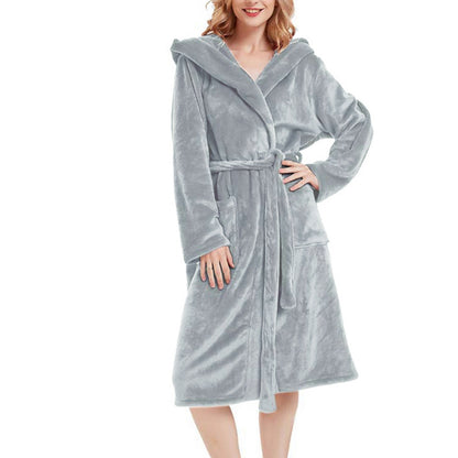Warm Hooded Bathrobe Long Cozy Spa Hoodie Robes for Ladies Gray