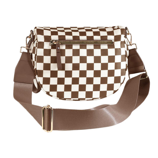 Checkered Crossbody Bag Women Sling Bag with Adjusatble Shoulder Strap Brown