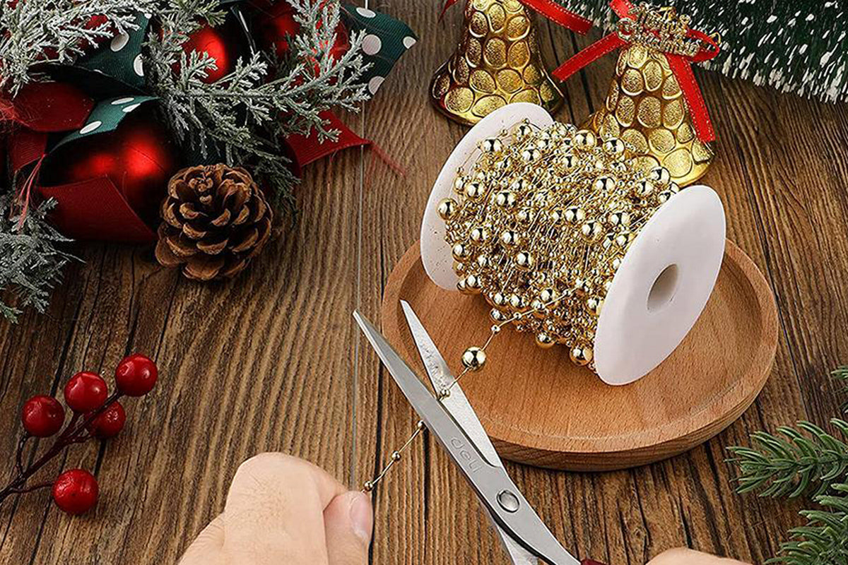2Pcs DIY Decor Christmas Tree Artificial Pearls Chain Plastic Bead Roll String-Gold