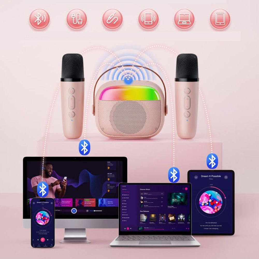 Mini Karaoke Machine with 2 Wireless Microphones Portable Bluetooth Speaker Singing Machine Pink