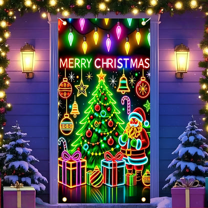 90x180cm 2D UV Reactive Christmas Glow Door Curtain - Santa Claus and Christmas Tree