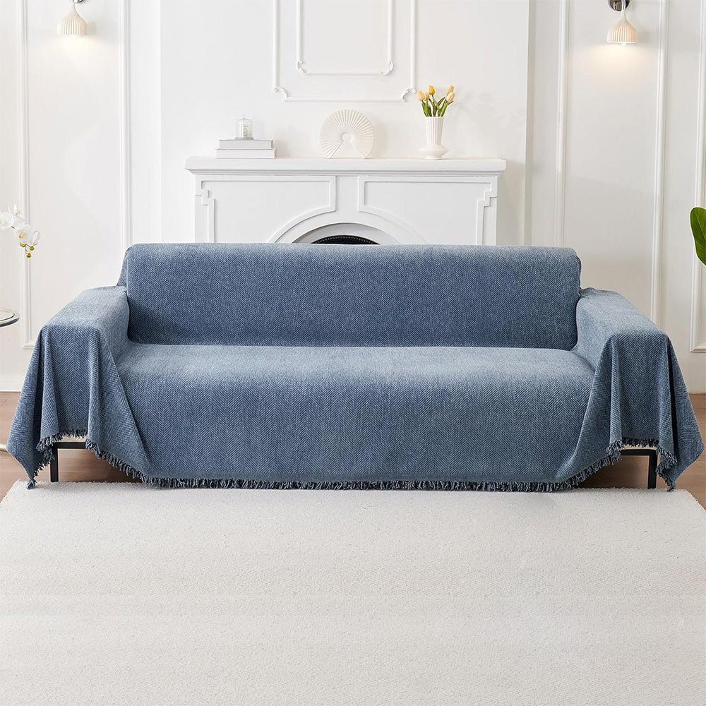 Herringbone Tassel Sofa Throw Cover Large Blanket for Couch Furniture Protector-Blue