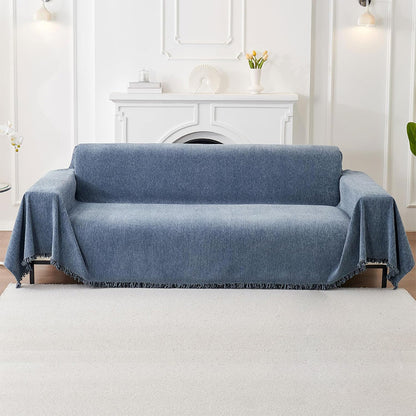 Herringbone Tassel Sofa Throw Cover Large Blanket for Couch Furniture Protector-Blue