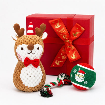 3 Pack Christmas Pet Squeaky Toy Gift with Plush Ball and Chew Rope - Deer