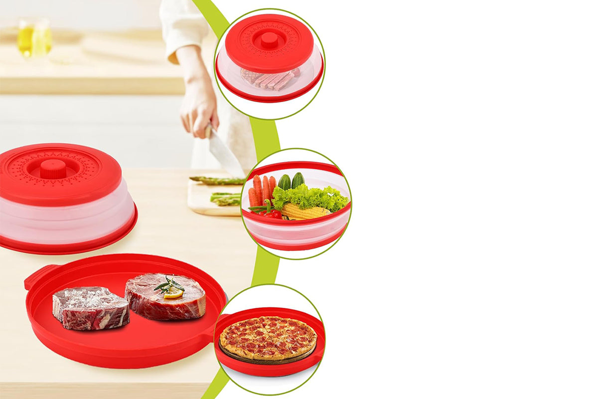 Microwave Food Splatter Cover with Drip Tray and Handles-Red