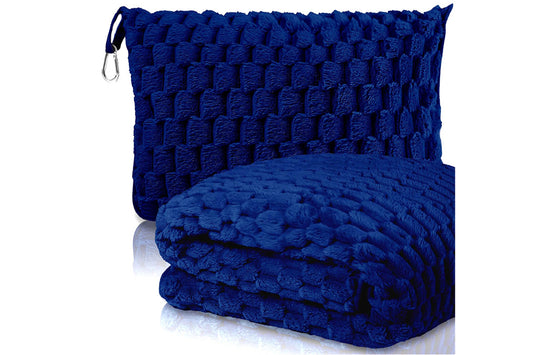 2 in 1 Jacquard Travel Pillow and Blanket Set Packable Travel Blanket for Airplane Car -Navy
