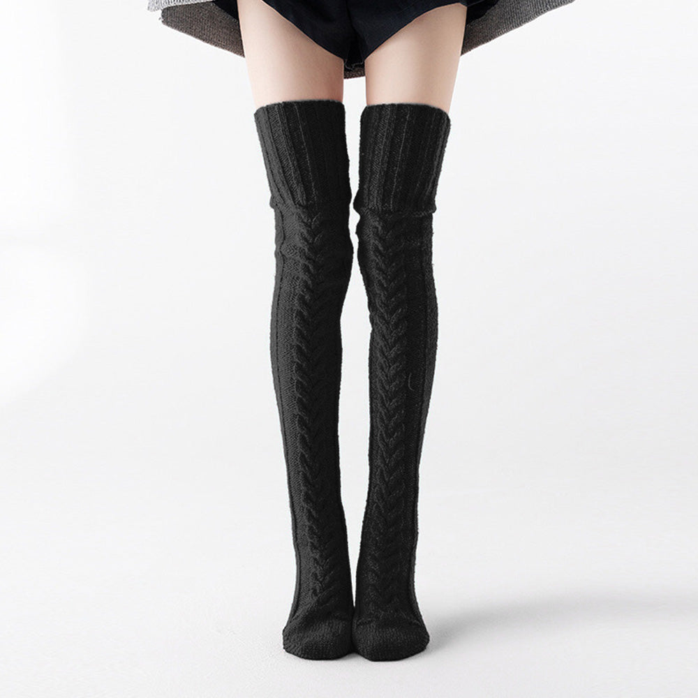Women's Knitted Over Knee Socks Thick and Warm Long Stockings-Black