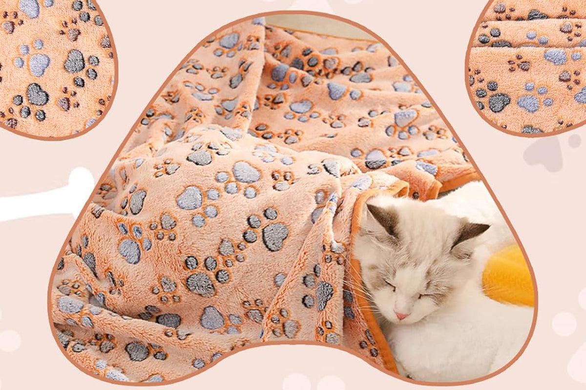 107x75cm Fluffy Fleece Dog Blanket Mat Paw Print Puppy Kitten Throw Blanket -Brown