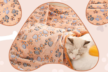 107x75cm Fluffy Fleece Dog Blanket Mat Paw Print Puppy Kitten Throw Blanket -Brown