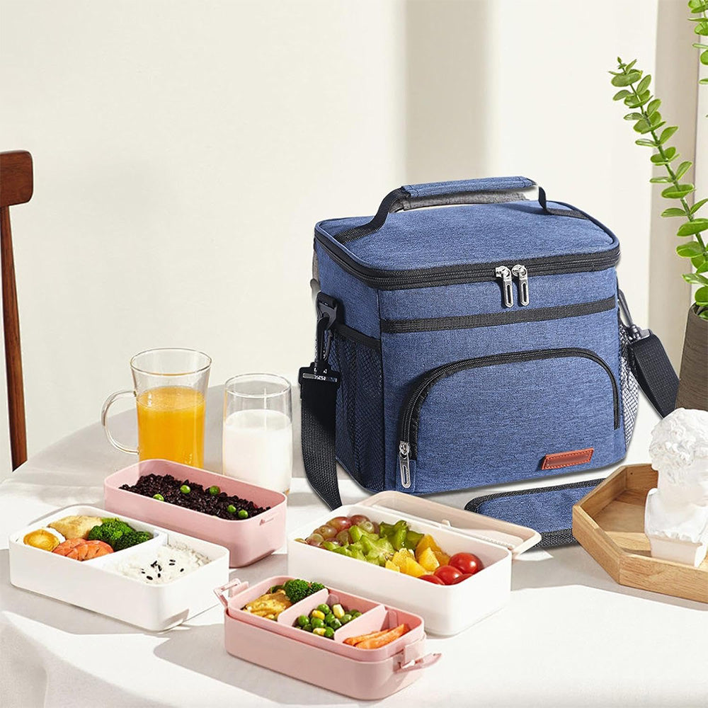 Insulated Lunch Box Leak-Proof Cooler Bag with 4 Pockets Navy Blue