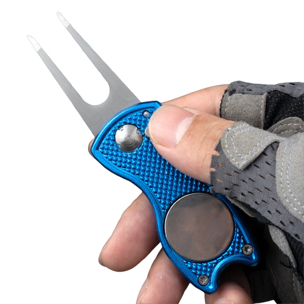2PCS Magnetized Golf Divot Repair Tool with Pop-up Fork and Ball Marker Blue