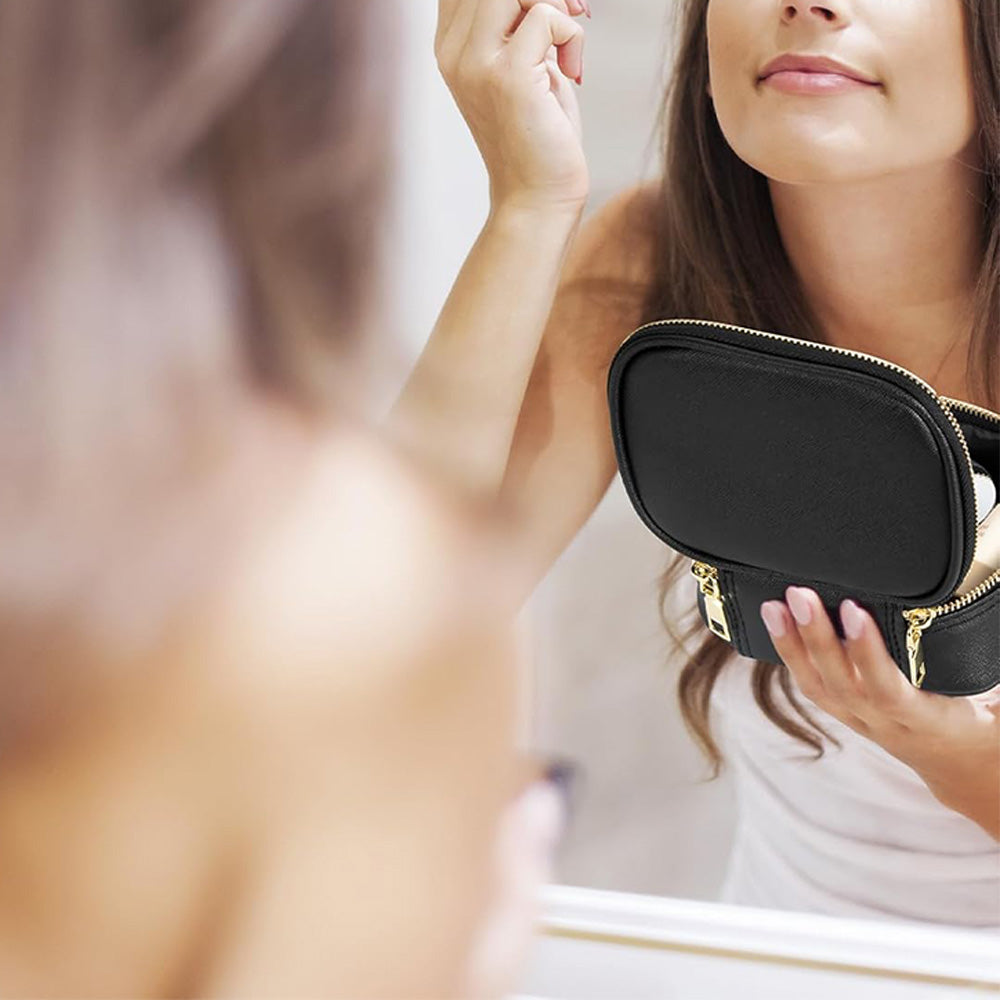 Compact Makeup Bag Travel Case with Mirror and Adjustable Light Stylish for Travel Black